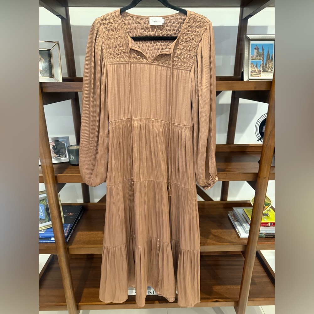 FLANNEL Tiered Long Sleeve Light Brown Maxi Dress